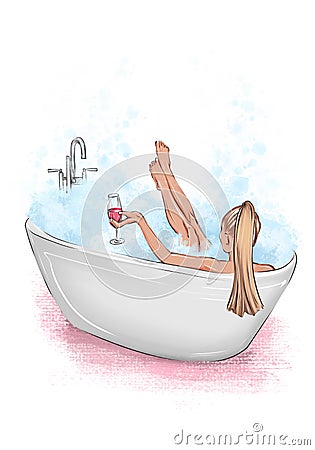 Hand drawing illustration the girl lies in the bathroom with a glass of wine. girl drinks wine in white bath art. Bath with foam b Cartoon Illustration