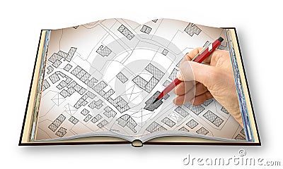 Hand drawing an imaginary cadastral map of territory with buildings and roads - I`m the copyright owner of the images used in thi Stock Photo