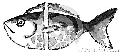 Hand drawing ink and feather black and white abstract fish. Texture spots and stripes Stock Photo