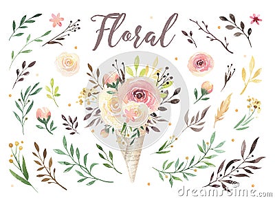 Hand drawing isolated boho watercolor floral illustration with leaves, branches, flowers. Bohemian greenery art in Cartoon Illustration