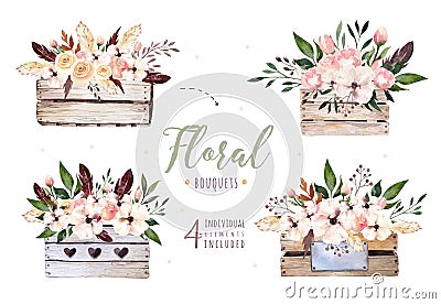 Hand drawing isolated boho watercolor floral illustration with leaves, branches, flowers, wooden box. Bohemian greenery Cartoon Illustration