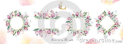 Hand drawing isolated watercolor floral frame with protea rose, leaves, branches and flowers. Bohemian gold crystal Cartoon Illustration