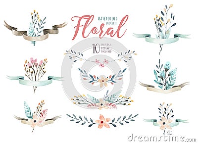 Hand drawing isolated watercolor floral illustration with leave Cartoon Illustration