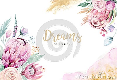 Hand drawing isolated watercolor floral illustration with protea rose, leaves, branches and flowers. Bohemian gold Cartoon Illustration