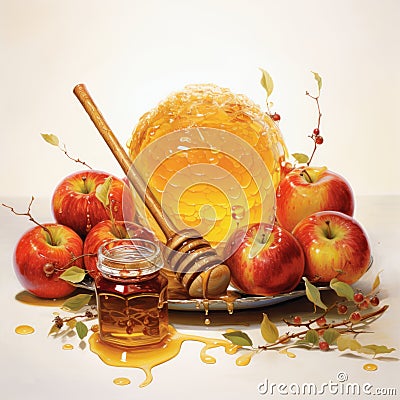 Hand drawing of a jar of honey, apples, drop of honeybee and honeycombs on the side. Organic food design concept Stock Photo