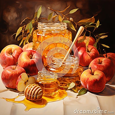 Hand drawing of a jar of honey, apples, drop of honeybee and honeycombs on the side. Organic food design concept Stock Photo