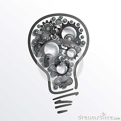 Hand drawing lamp bulb with realistic black gears and cogs inside. Stock Photo