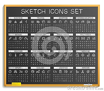 Hand drawing line icons. Vector doodle pictogram set, chalk sketch sign illustration on blackboard Vector Illustration