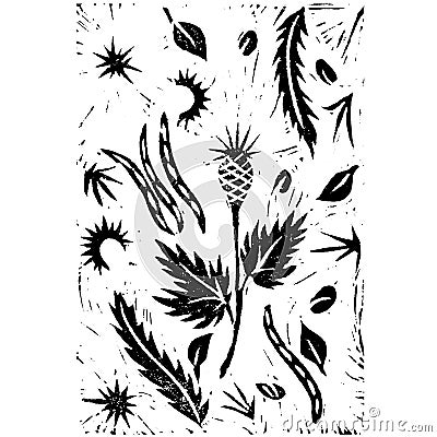 Hand drawing linocut. Autumn plants Stock Photo