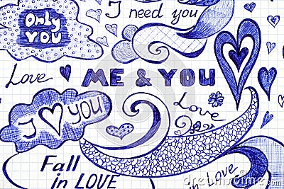 Love doodles messages with phrase, patterns and elements. Stock Photo