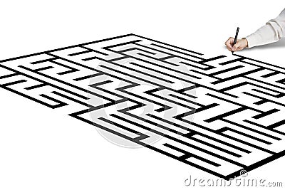 Hand drawing maze in white Stock Photo