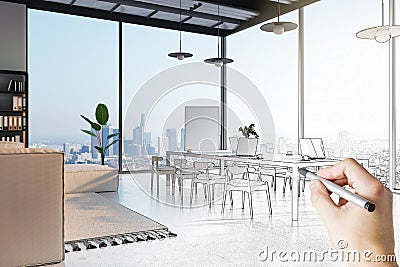 Hand drawing modern loft office interior with furniture, equipment and panoramic city view with daylight. Design and refurbishment Stock Photo