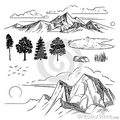 Hand drawing mountain range, peaks clouds, sun and forest trees. Retro mountains and landscape elements Vector Illustration