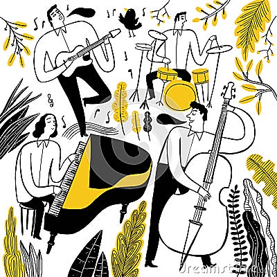 Hand drawing the musicians playing music Vector Illustration