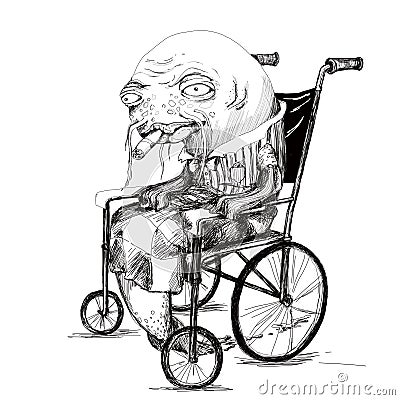 Hand drawing of old fish in wheelchair. black graphic art on white background Cartoon Illustration