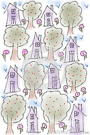 Hand drawing pattern apples trees and purple houses Stock Photo