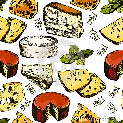 Hand drawing pattern with different cheeses. Vector Illustration