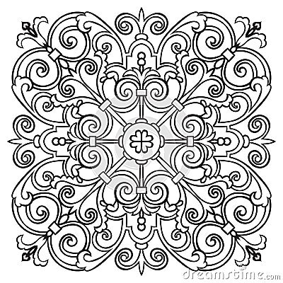 Hand drawing pattern for tile in black and white colors. Italian majolica style Cartoon Illustration