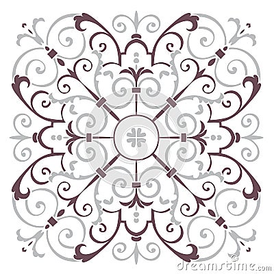 Hand drawing pattern for tile in dark brown, gray, black and white colors. Italian majolica style Cartoon Illustration