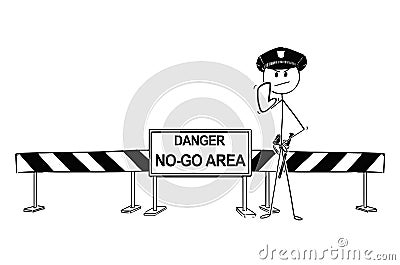 Hand Drawing of Policemen Standing Near Road Block With No-Go Area Sign Vector Illustration