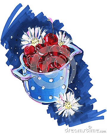 Hand drawing postcard berry cherry in a vase chamomile flowers cup polka dots blue color illustration Cartoon Illustration