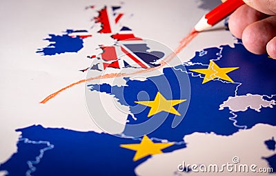 Hand drawing a red line between the UK and the rest of EU, Brexit concept. Stock Photo