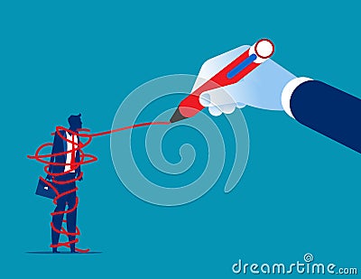 Hand drawing a red tangled ball around person depicting restriction. Flat cartoon vector illustration Vector Illustration