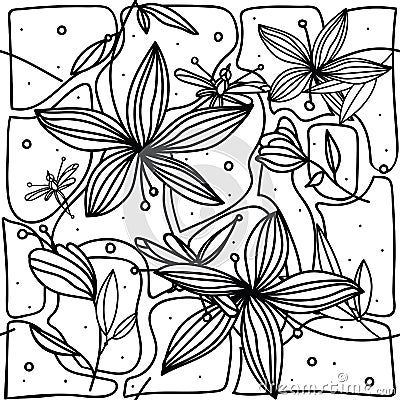 Hand-drawing seamless pattern with flower lily and dragonfly on white background. Vector Illustration