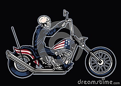 Hand drawing skull riding a chopper motorcycle Vector Illustration