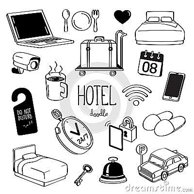 Hand drawing styles for hotel items. Doodle Hotel service. Vector Illustration