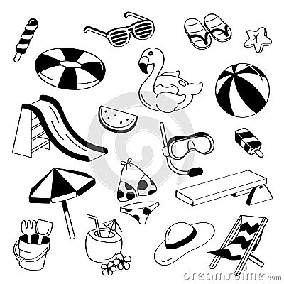 Hand drawing styles pool items. Doodle summer with beach items. Cartoon Illustration