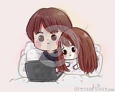 Hand drawing of sweet couple or lover watching tv on laptop and sitting on bedding room background with happy relax day Stock Photo