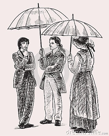 Hand drawing of three people in retro costumes standing under umbrellas and talking Vector Illustration