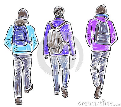 Hand drawing of three teen students walking together outdoors Vector Illustration