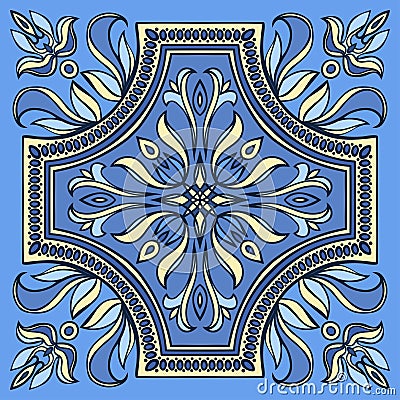 Hand drawing tile pattern in blue and yellow colors. Italian majolica style. Vector Illustration