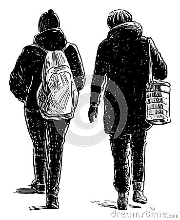 Hand drawing of two casual towns woman walking along street Vector Illustration