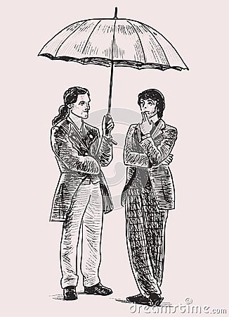 Hand drawing of two young men in retro costumes standing under umbrella and talking Vector Illustration