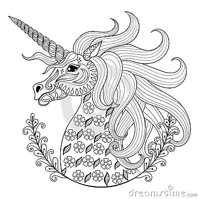 Hand drawing Unicorn for adult anti stress coloring pages Vector Illustration
