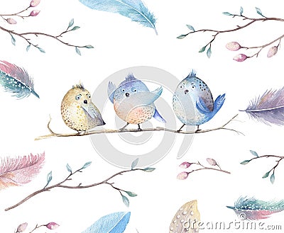 Hand drawing watercolor flying cartoon bird witm leaves, branches and feathers.Watercolour art illustration in vintage boho style. Cartoon Illustration