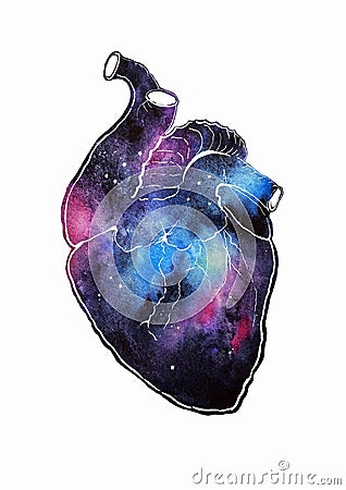 Hand drawing watercolor heart cosmic space ctyle Stock Photo