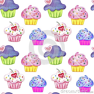 Hand drawing watercolor set of cupcakes isolated on white background Cartoon Illustration