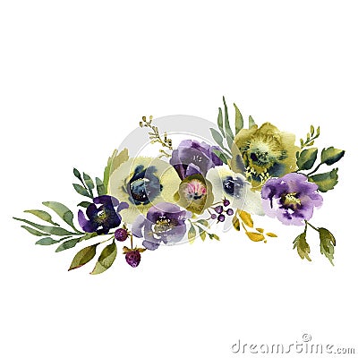 Wedding bridal bouquet. green blue and purple flowers ornament Stock Photo