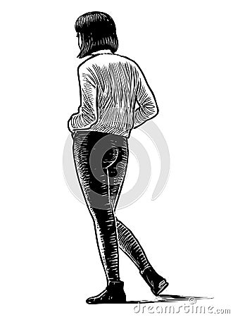Sketch of young brunette girl standing in wait Vector Illustration