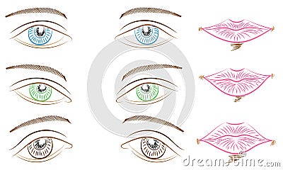 Hand Drawings of Different Types of Eyes and Lips. Blue, Green and Brown Eyes and Pink Lips. Sketch Style Vector Illustration