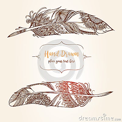 Hand-drawn Abstract feather with ethnic ornaments doodle pattern. Vector Illustration