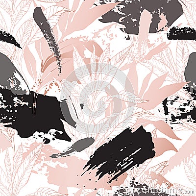 Hand drawn abstract floral background: line art leaves, grunge brush strokes with glossy gradient effect Cartoon Illustration