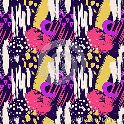 Hand drawn abstract grunge vector seamless pattern. Background painted with ink. Yellow pink violet white color. Grange Vector Illustration