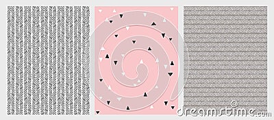 Hand Drawn Abstract Lines and Triangles Vector Patterns Set. 3 Various Design. Pink, Grey and Black Colors. Vector Illustration
