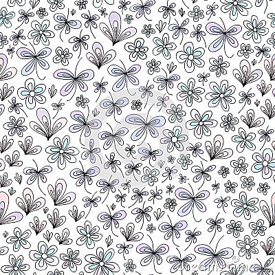 Hand drawn abstract nature floral pattern. Vector stylized field seamless background. Colorful pastel colors texture. Vector Illustration