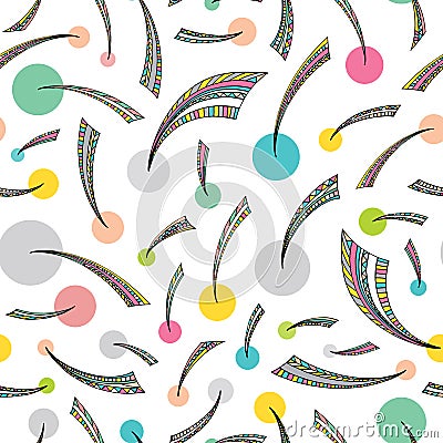 Hand drawn abstract seamless pattern in memphis style. Vector stylized triangles and circles colorful background. Vector Illustration